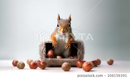 Funny squirrel peeking out of cardboard box with scattered nuts 108156391