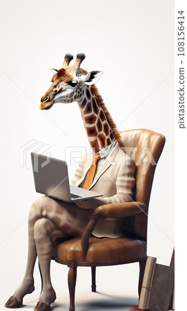 Funny giraffe sits in chair and types on laptop. 108156414