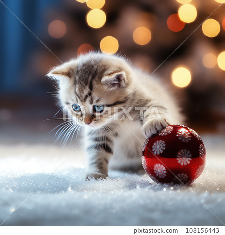 Little kitten plays with Christmas decorations and balls. Cute furry friend for Christmas card 108156443