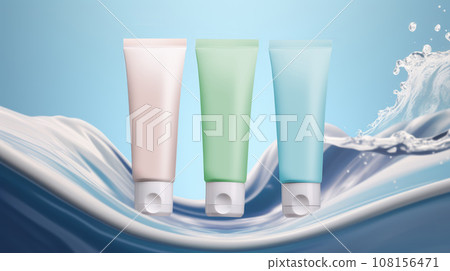 Set of light colorful shampoo bottles presented as a no brand mockup on pastel wavy blue background Set of light colorful shampoo bottles presented as a no brand mockup on pastel wavy blue background 108156471