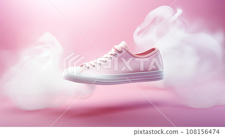 Advertisiment shot, new snackers as no brand mockup floating in the air with white smoke on pink background 108156474