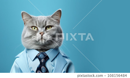 Advertising portrait, banner, serious big boss gray cat businessman, in a blue shirt, with a tie isolated on blue background 108156484