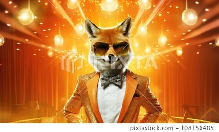 Advertising portrait, banner, beautiful fox in suit and disco atmosphere around, on colorful background 108156485