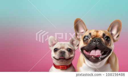 Advertising portrait, banner, funny mother and puppy pug dogs, straight look to the camera, isolated on blue-pink background 108156486