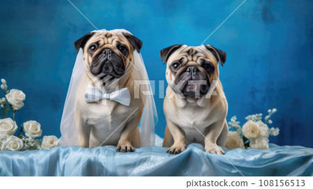 Advertising portrait, banner, dogs newlyweds with white roses, isolated on blue background Advertising portrait, banner, dogs newlyweds with white roses, isolated on blue background 108156513
