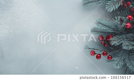 A branch of pine, rowan berries on christmas new year snowy winter flat lay background 108156517