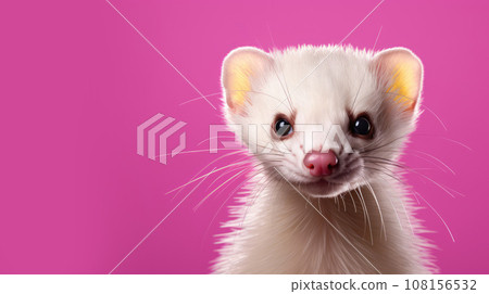Advertising portrait, banner, small young white ferret, looks straight, isolated on pink background Advertising portrait, banner, small young white ferret, looks straight, isolated on pink background 108156532
