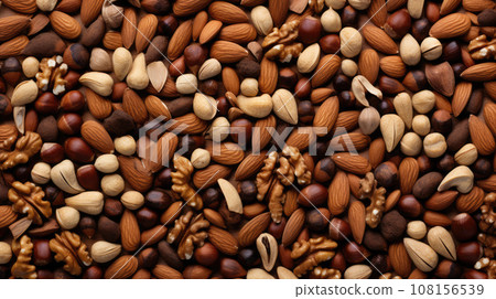 A set of different types of nuts in a heap. Advertising shot of walnut, hazelnuts, almonds and pistachios A set of different types of nuts in a heap. Advertising shot of walnut, hazelnuts, almonds and pistachios 108156539