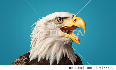 Advertising portrait, banner, screaming eagle with yellow eyes and white head, with open beak, isolated on blue background 108156540