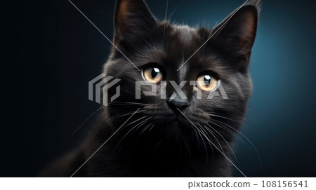 Advertising portrait, banner, wonder young cat black color, yellow eyes, straight look, isolated on dark background Advertising portrait, banner, wonder young cat black color, yellow eyes, straight look, isolated on dark background 108156541