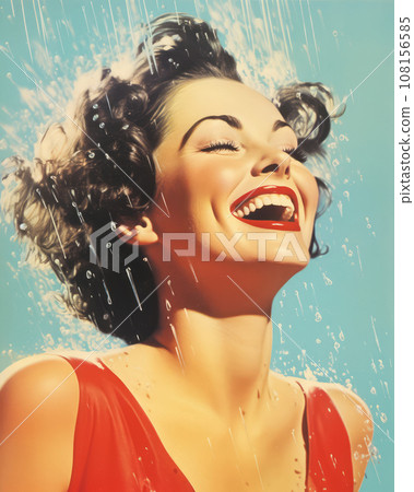 Minimalistic retro postcard of happ smiling woman in red dress, looking up on a blue background 108156585