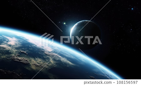 Beautiful planet surface shot with a half-lit planet in the background. Universe science astronomy space dark background wallpaper Beautiful planet surface shot with a half-lit planet in the background. Universe science astronomy space dark background wallpaper 108156597