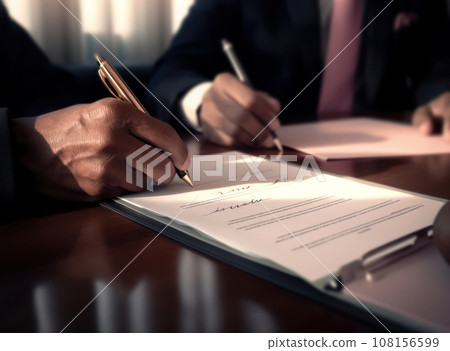 Two businessmen in suits signing documents with pen in the office on a dark wooden table 108156599