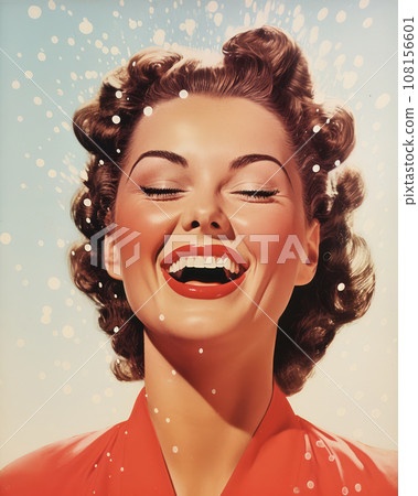 Minimalistic retro postcard of happy woman in red dress, smiling soft flat background 108156601