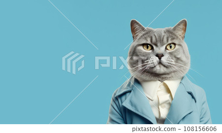 Advertising portrait, banner, serious classic gray cat big boss in suit, look straight, isolated on blue background 108156606