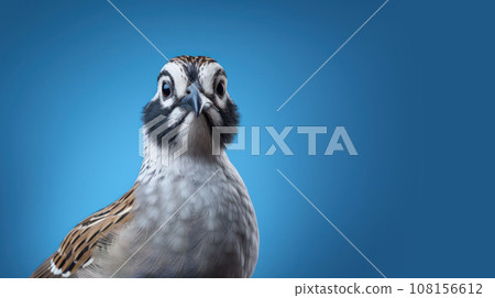Advertising portrait, banner, classic color bird quail, straight look, isolated on blue background Advertising portrait, banner, classic color bird quail, straight look, isolated on blue background 108156612