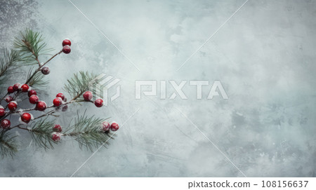 Christmas snowy background with a pine branch and rowan berries. New year berries and winter Christmas snowy background with a pine branch and rowan berries. New year berries and winter 108156637
