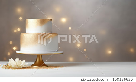 Advertising shot of a white and golden decorations wedding cake, isolated on gray background with lights Advertising shot of a white and golden decorations wedding cake, isolated on gray background with lights 108156639