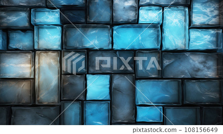 Blue gradient transparent pieces of glass rectangular shape in glass texture laid out in a mosaic 108156649