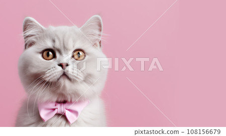 Advertising portrait, banner, young kitty white color with ribbon, yellow eyes, straight look, isolated on pink background 108156679