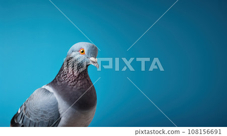 Advertising portrait, banner, classic color pidgeon, straight look, isolated on blue background 108156691
