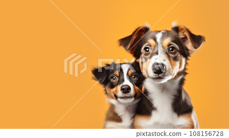 Advertising portrait, banner, funny mother and puppy australian shepherd dogs, straight look to the camera, isolated on yellow background Advertising portrait, banner, funny mother and puppy australian shepherd dogs, straight look to the camera, isolated on yellow background 108156728