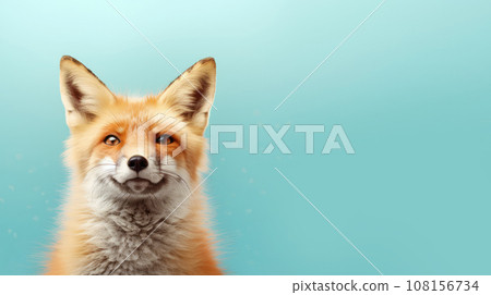 Advertising portrait, banner, beautiful fox with redhead fur and straight look, isolated on blue background Advertising portrait, banner, beautiful fox with redhead fur and straight look, isolated on blue background 108156734