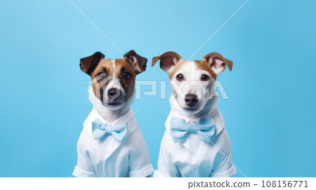 Advertising portrait, banner, funny dogs newlyweds with blue bow ties, isolated on blue background 108156771