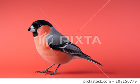 Advertising portrait, banner, fat red bird bullfinch looks to the left, isolated on red background Advertising portrait, banner, fat red bird bullfinch looks to the left, isolated on red background 108156779