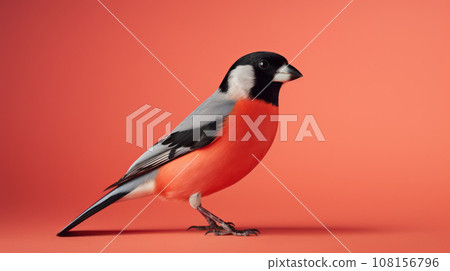 Advertising portrait, banner, small red bird bullfinch looks to the right, isolated on red background 108156796