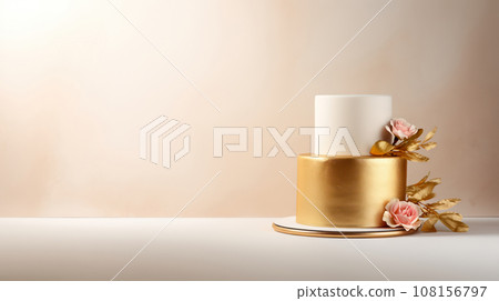 Advertising shot of a two layered white and golden wedding cake, isolated on light yllow background Advertising shot of a two layered white and golden wedding cake, isolated on light yllow background 108156797