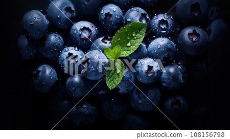 Fresh blueberries ripe with grean leaf and water drops in top view isolated on dark background Fresh blueberries ripe with grean leaf and water drops in top view isolated on dark background 108156798