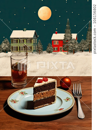 Minimalistic collage of christmas cake on a plate, glass of drink on the table and houses. All covered in snow against a clear starry sky. Surreal collage-style paintings Minimalistic collage of christmas cake on a plate, glass of drink on the table and houses. All covered in snow against a clear starry sky. Surreal collage-style paintings 108156802