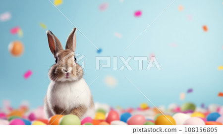 Advertising portrait, banner, funny gray rabbit with colorful balls around, staright look, isolated on blue background 108156805