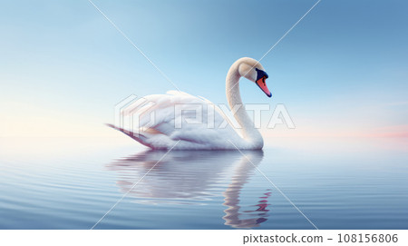 Advertising portrait, banner, swimming beautiful white swan and a reflection, isolated on light blue background 108156806