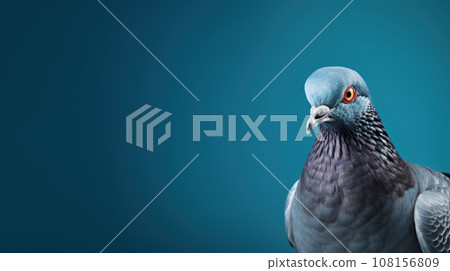 Advertising portrait, banner, classic color pidgeon with serious look and yellow eyes looks straight, isolated on blue background Advertising portrait, banner, classic color pidgeon with serious look and yellow eyes looks straight, isolated on blue background 108156809