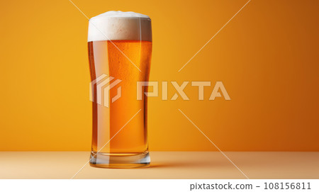 Advertising shot, banner, a glass of light malty beer with foam isolated on a yellow background Advertising shot, banner, a glass of light malty beer with foam isolated on a yellow background 108156811