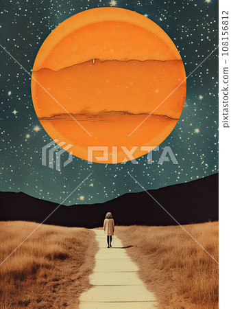 Minimalistic collage of a woman going through the field to the dark mountains against the background of the night starry sky and the huge orange planet. Surreal collage-style paintings 108156812
