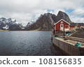 Norway rorbu houses and mountains rocks over fjord landscape scandinavian travel view Lofoten islands. Natural scandinavian landscape. 108156835