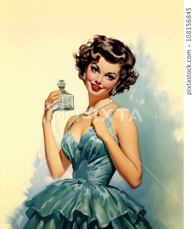 Minimalistic advertising retro postcard of a woman in blue evening dress, with perfume in hand and neutral background Minimalistic advertising retro postcard of a woman in blue evening dress, with perfume in hand and neutral background 108156845