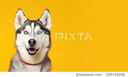 Advertising portrait, banner, funny husky with open mouth, straight look to the camera, isolated on yellow background Advertising portrait, banner, funny husky with open mouth, straight look to the camera, isolated on yellow background 108156846