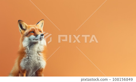 Advertising portrait, banner, gorgeous redhead fox with beautiful fur, isolated on orange background 108156849