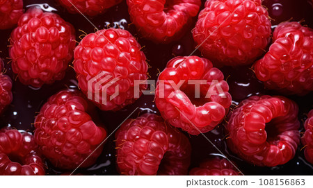 Close-up ivew of fresh perfect raspberries with water drops in top view on a dark background 108156863