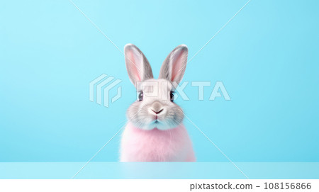 Advertising portrait, banner, funny gray rabbit with pink collar, staright look, isolated on blue background 108156866