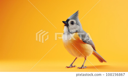 Advertising portrait, banner, small bird titmouse looks straight, isolated on yellow background Advertising portrait, banner, small bird titmouse looks straight, isolated on yellow background 108156867