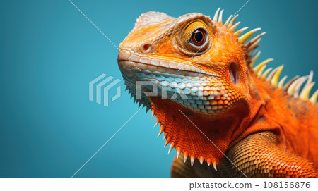 Advertising portrait, banner, colorful redhead orange tone lizard looks straight , isolated on blue background 108156876