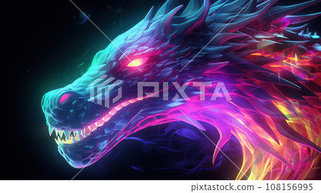 Colorful abstract neon dragons head with illuminated skin art illustration on dark background Colorful abstract neon dragons head with illuminated skin art illustration on dark background 108156995