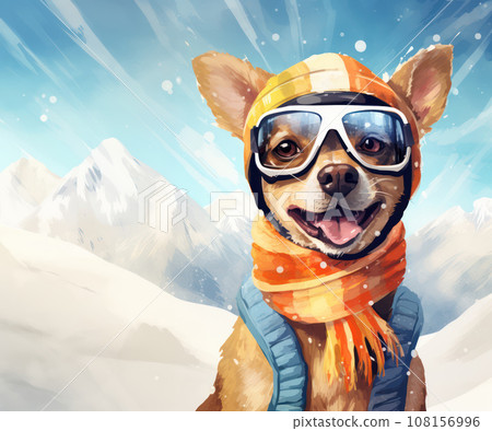 Minimalistic retro postcard of funny smiling dog in glasses and winter equipment in retro style illustration Minimalistic retro postcard of funny smiling dog in glasses and winter equipment in retro style illustration 108156996