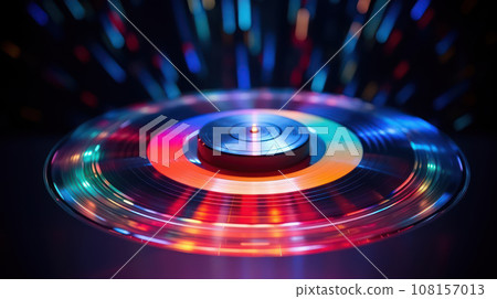 Spinning music record on turn table. Music floats in the air. Advertisement LED shot 108157013