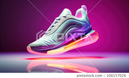 Advertisiment shot, clean new white snackers as no brand mockup with colored sole around, neon light on colorful background Advertisiment shot, clean new white snackers as no brand mockup with colored sole around, neon light on colorful background 108157026